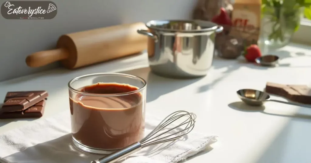 A neatly arranged selection of chocolate panna cotta-making tools on a bright kitchen countertop, featuring a glass ramekin, whisk, spatula, saucepan, measuring cup, and spoon, illuminated by warm natural lighting.