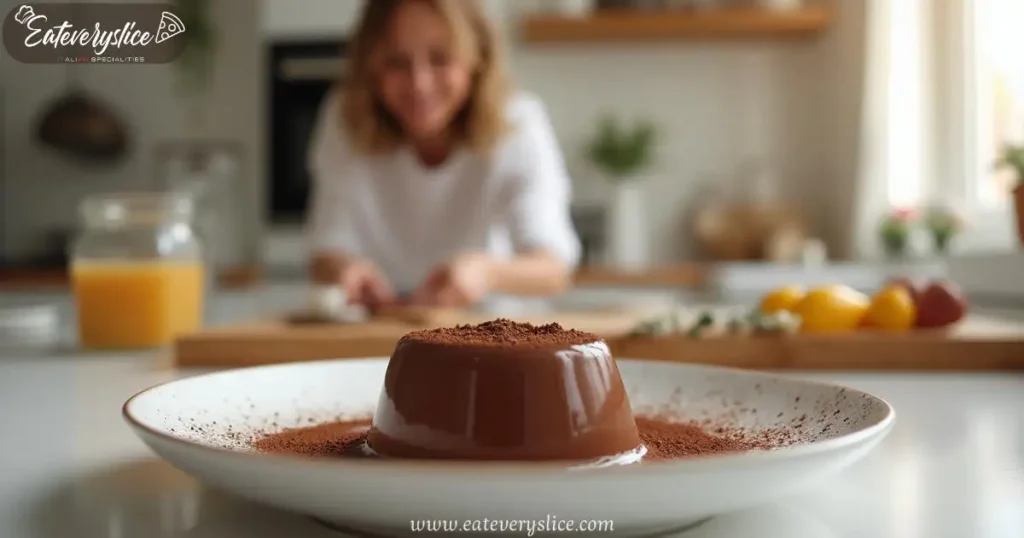 A luxurious chocolate panna cotta with a velvety texture, elegantly plated on a white dish and dusted with rich cocoa powder. Set in a modern kitchen with natural lighting, a happy woman smiles in the softly blurred background.