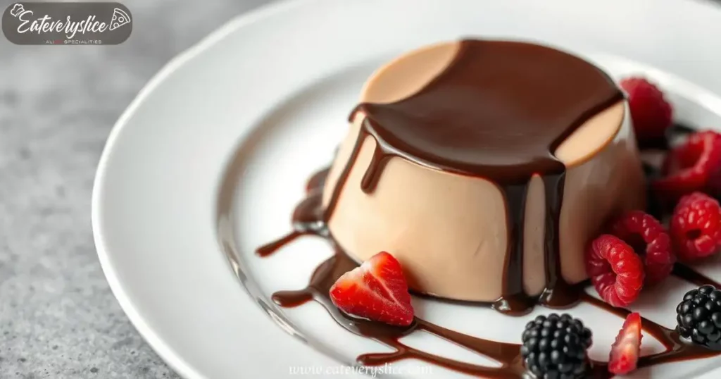 A silky chocolate panna cotta drizzled with glossy chocolate ganache, garnished with fresh raspberries and blackberries on a white porcelain plate.