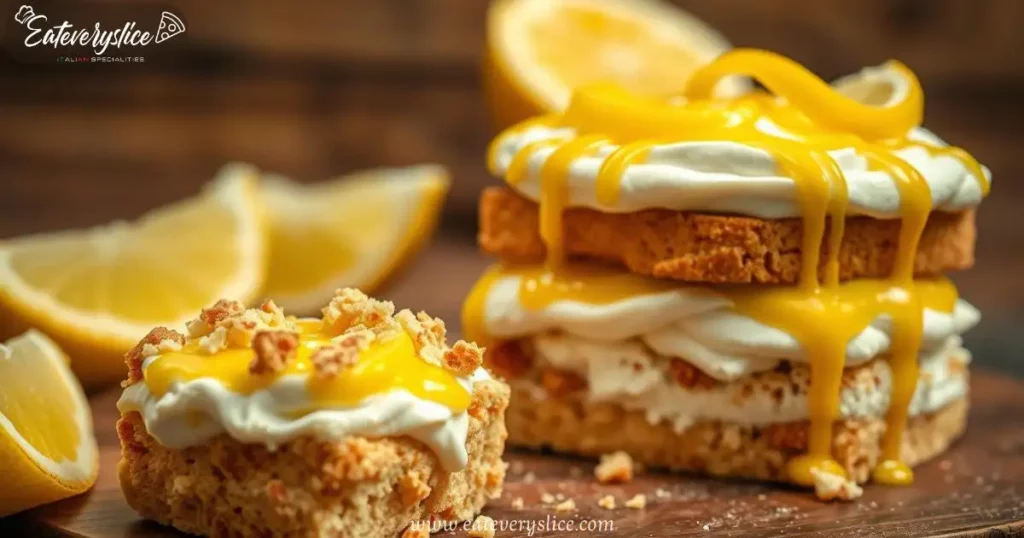 Tiramisu with lemon-infused zabaglione, golden limoncello glaze, and ladyfingers, served on a rustic wooden table.