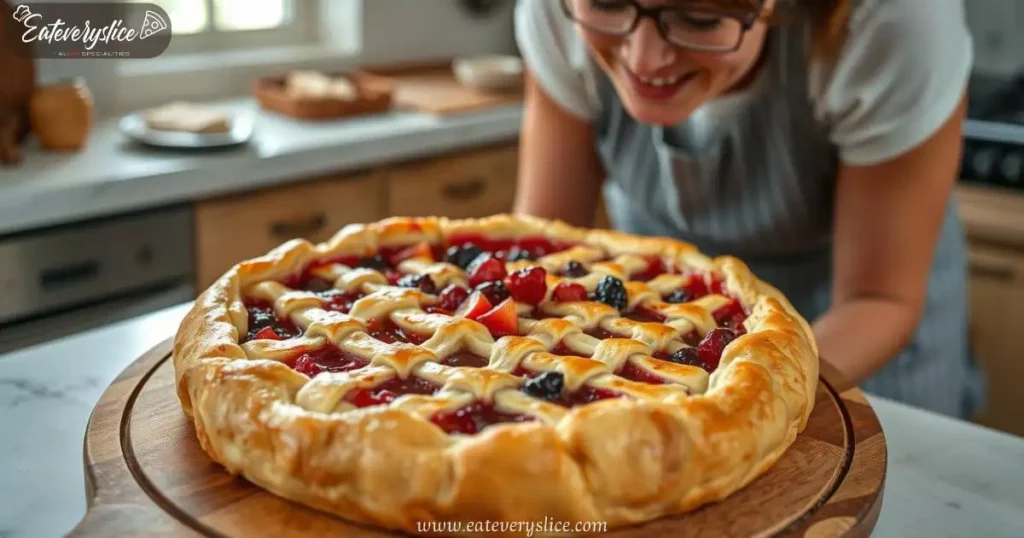 Smiling chef admiring a classic Italian crostata with a golden lattice crust and fresh berries