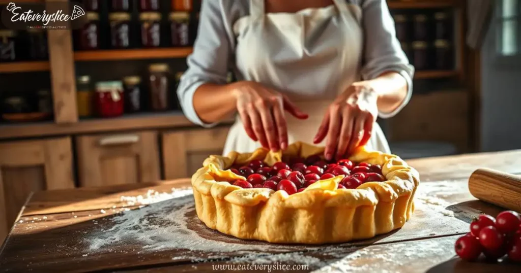 Italian baker preparing a classic crostata with fresh cherry filling in a rustic kitchen