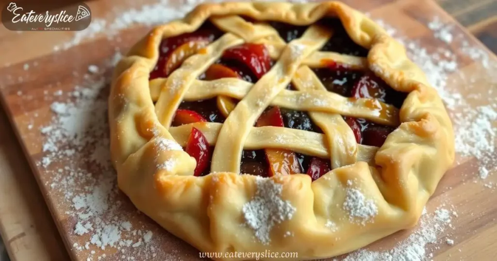 Golden Italian crostata with fruit marmellata, its lattice top and delicate crust showcased on a wooden board, dusted with flour in a Tuscan kitchen.