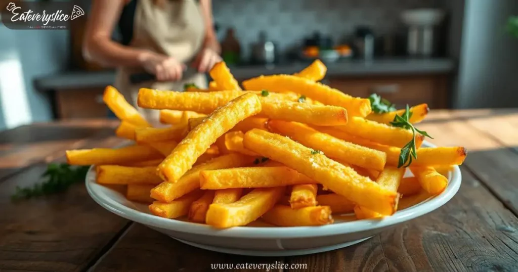 A close-up of golden, crispy polenta fries arranged artistically on a rustic wooden table, seasoned with salt and herbs, with a chef in an apron chopping fresh herbs in the background.