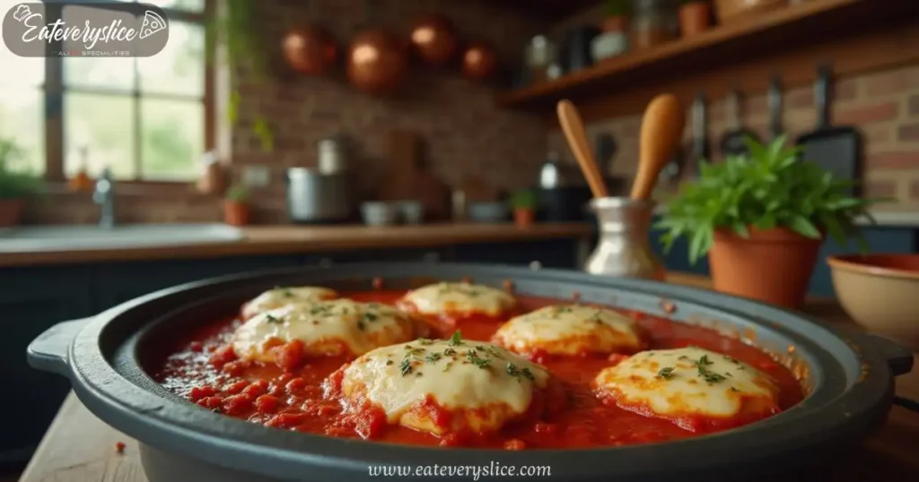 Savory chicken parmesan in a modern crockpot, surrounded by bubbling tomato sauce and melted mozzarella cheese in a cozy farmhouse kitchen.