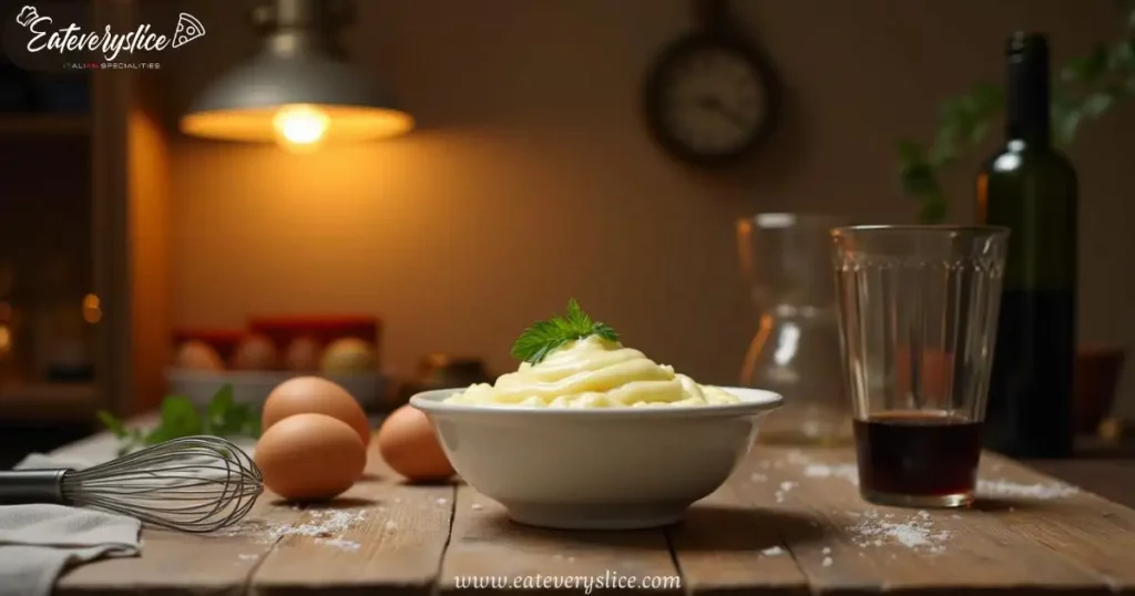 Classic white ceramic bowl filled with light zabaglione, surrounded by fresh eggs, a whisk, and Marsala wine in a cozy kitchen.