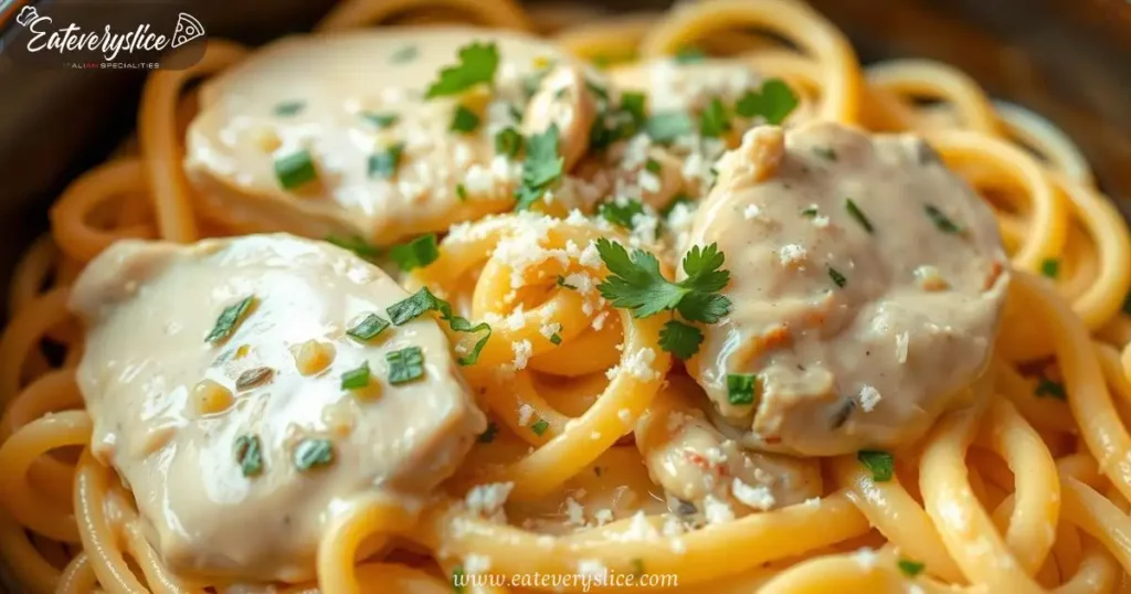 A delectable bowl of creamy chicken Alfredo pasta, featuring tender chicken slices in a rich Parmesan sauce, garnished with parsley and grated cheese.