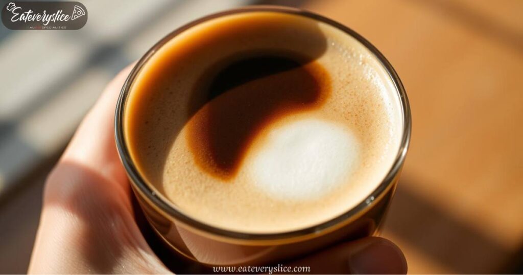 A close-up shot of a creamy macchiato espresso, with rich dark brown coffee topped with a light, frothy dollop of milk, highlighting its smooth texture and layered appearance.