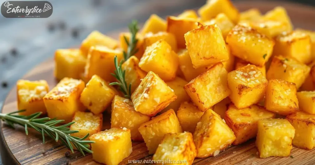 Golden, crispy polenta cubes garnished with rosemary and sprinkled with Parmesan, served on a wooden board.