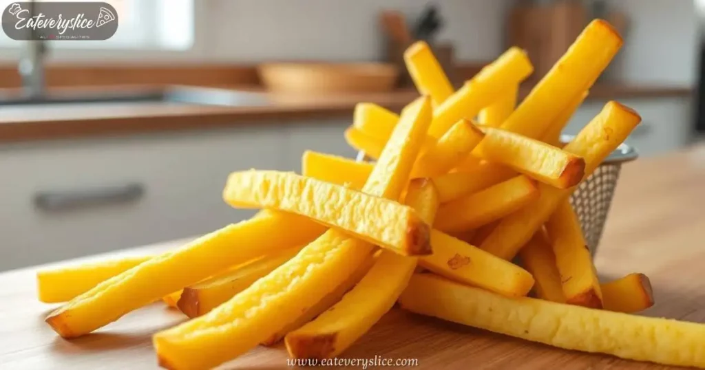 A stack of golden, crispy polenta fries resting on a wooden surface with a metal basket in the background.