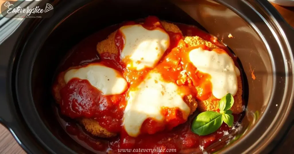 Crockpot filled with breaded chicken breasts, smothered in tomato sauce and melted mozzarella, ready to be served with fresh basil and parmesan.