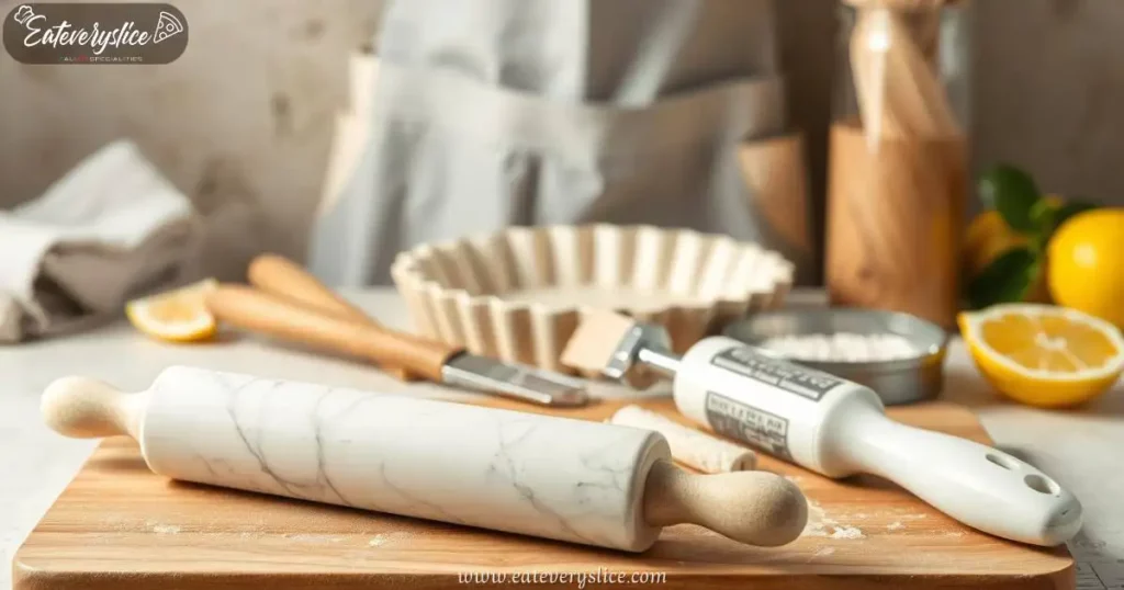 Essential baking tools for making Italian crostata, including a marble rolling pin, pastry cutter, and tart pan