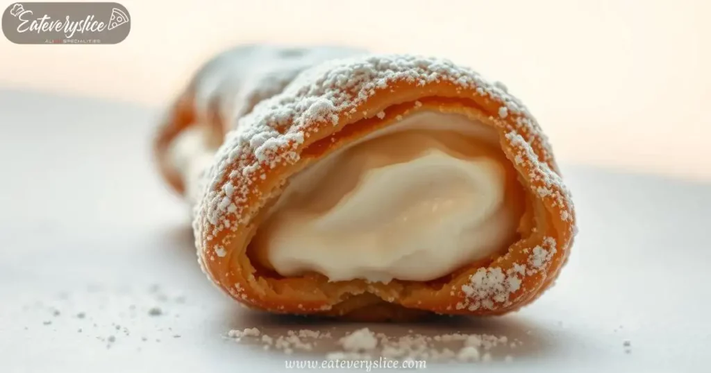 Close-up of a crunchy cannoli cookie with a flaky pastry shell, filled with mascarpone and ricotta, dusted with confectioner's sugar