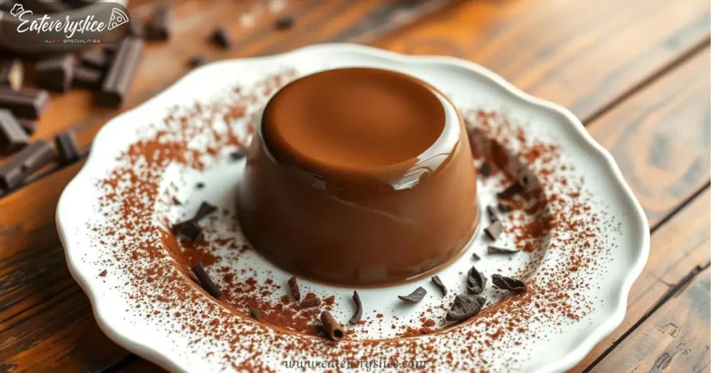 A rich and silky chocolate panna cotta sits on a white porcelain plate, garnished with dark chocolate shavings and cocoa powder, against a rustic wooden table.