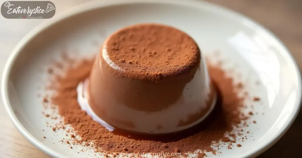 A silky smooth chocolate panna cotta, lightly dusted with unsweetened cocoa powder, elegantly presented on a white ceramic dish against a soft, neutral background with warm, diffused lighting.