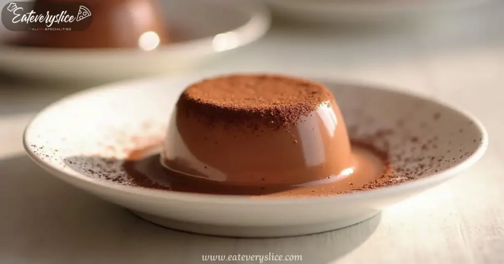 A delicate chocolate panna cotta with a silky texture, dusted with unsweetened cocoa powder, presented on a white ceramic dish against a soft neutral background, with warm diffused lighting.