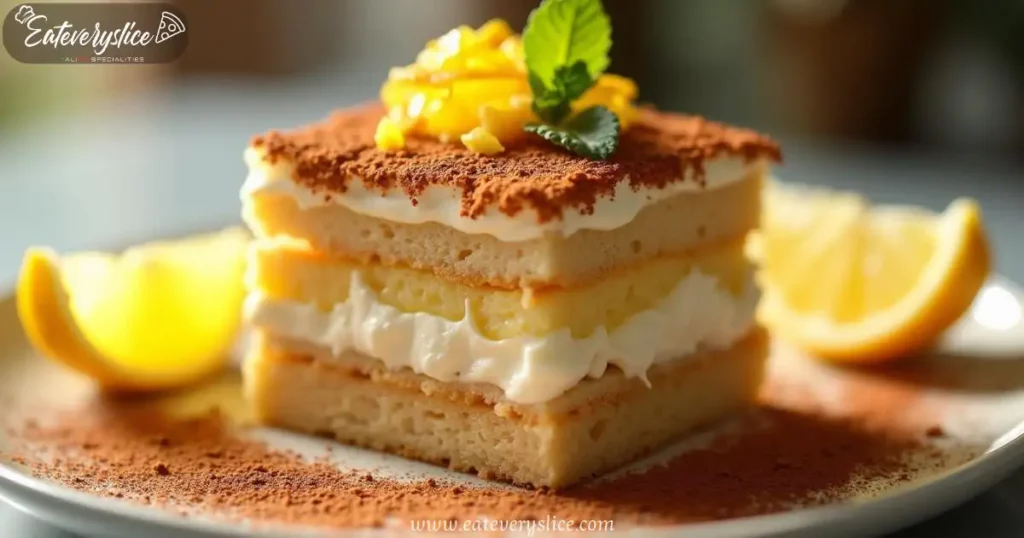 Limoncello tiramisu with airy ladyfingers, lemon-infused mascarpone, cocoa powder, and candied lemon zest on a modern surface.