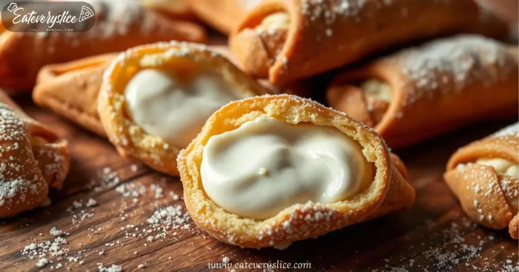 Close-up of golden-brown cannoli cookies with ricotta filling, dusted with powdered sugar, showcasing homemade indulgence.