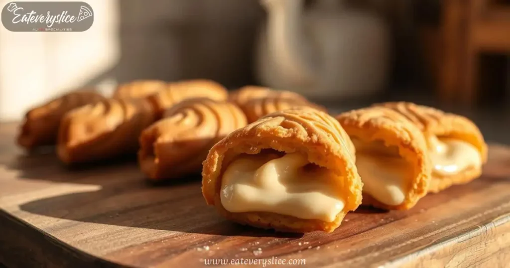 Close-up of freshly baked cannoli cookies with golden-brown surface, filled with vanilla custard, showcasing their rich texture.