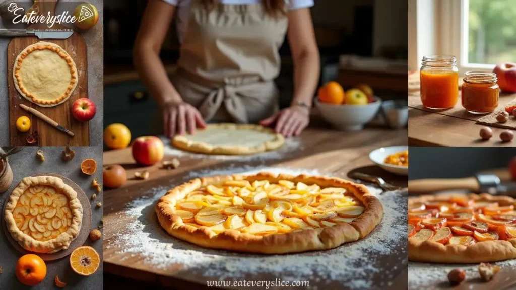 Crostata Recipe - A stylish photomontage showing the stages of making Italian crostata, from rolling dough to filling with apple and marmellata, with vibrant seasonal fruits and a cozy kitchen backdrop.