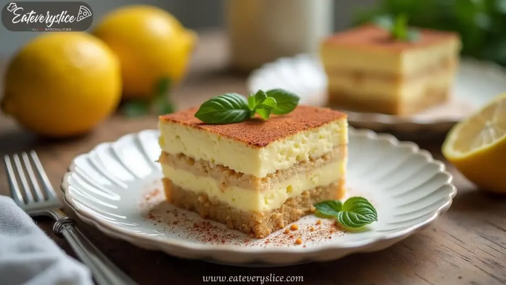 Authentic limoncello tiramisu plated beautifully in a modern kitchen, surrounded by cake utensils, captured in natural light.