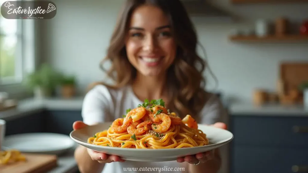 A woman holding a plate of Cajun Chicken and Shrimp Pasta in a modern kitchen, showcasing a golden-brown, flavorful dish with creamy pasta and fresh herbs.