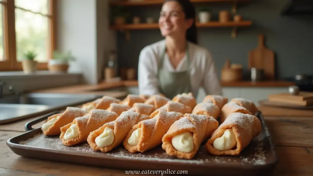 A tray of cannoli cookies filled with ricotta cream, dusted with powdered sugar, showcasing authentic Sicilian craftsmanship.