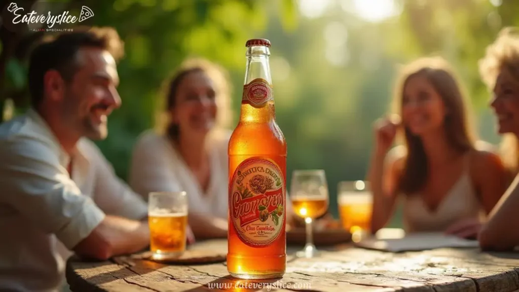 A bottle of chinotto soda with an amber hue sits on a rustic wooden table in a lush garden, surrounded by happy people enjoying a relaxed conversation in warm sunlight.