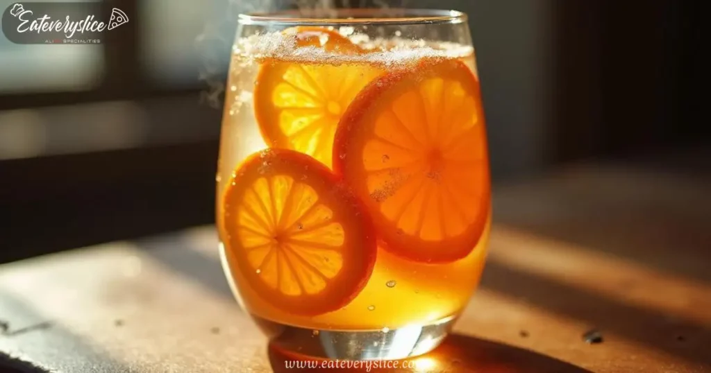 A crystal-clear glass filled with fizzy, amber-colored chinotto soda with floating orange slices, placed on a rustic wooden table with warm sunlight streaming through a window