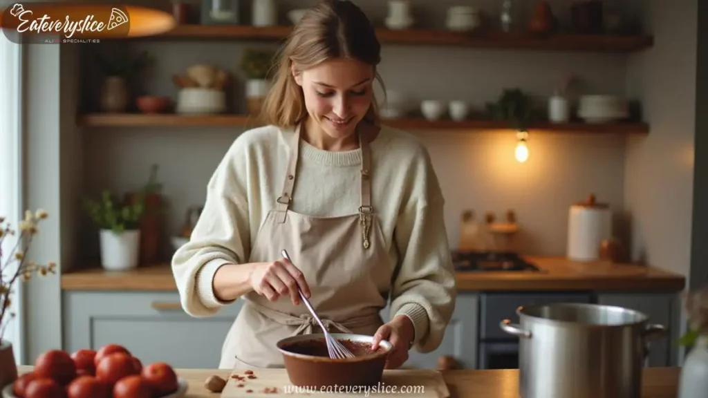 eat every slice A woman in a cozy, modern kitchen preparing a chocolate panna cotta recipe. She is stirring chocolate in a saucepan while wearing a light-colored apron over a relaxed home outfit. The warm lighting and clean kitchen design create an inviting cooking atmosphere.