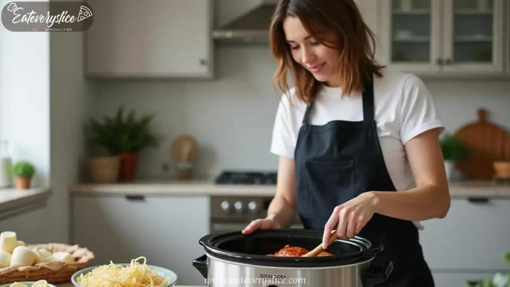 Woman preparing Crockpot Chicken Parmesan in a modern kitchen, stirring sauce in a slow cooker.