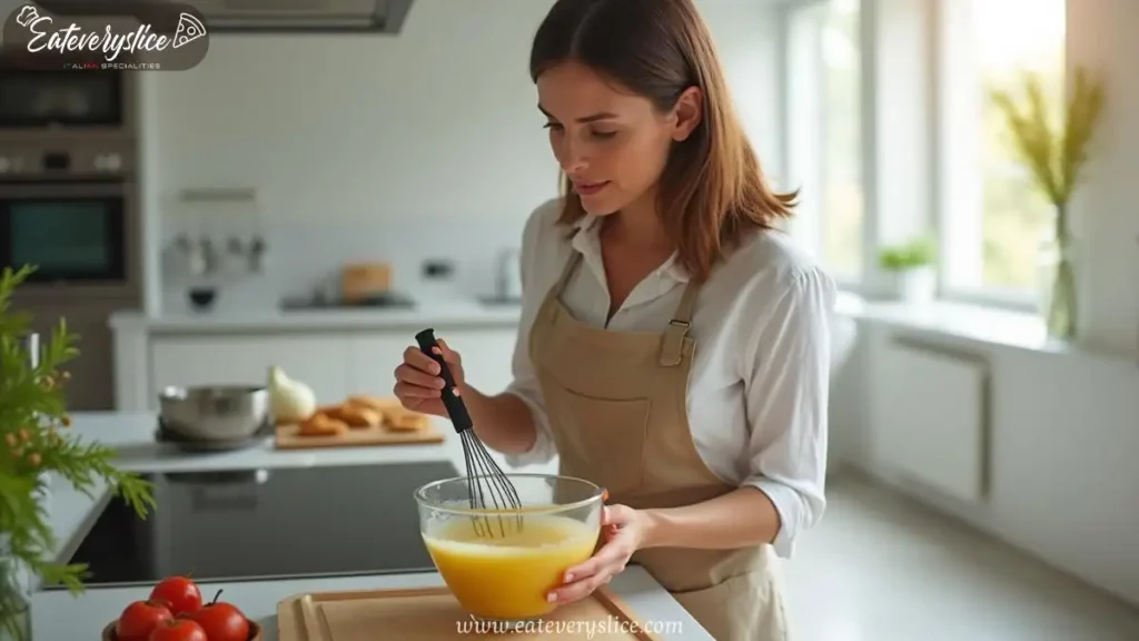 Woman in a modern kitchen preparing zabaglione with egg yolks, sugar, and Marsala wine over a double boiler.