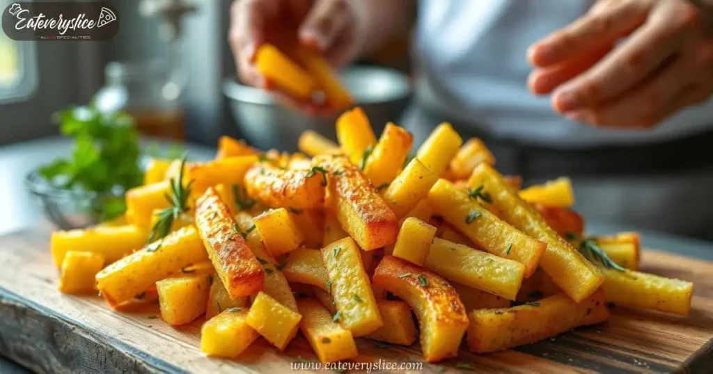 A close-up of golden brown polenta fries seasoned with rosemary, thyme, and garlic, scattered on a rustic wooden board. A chef’s hands in the background carefully arrange the fries under warm, natural lighting.