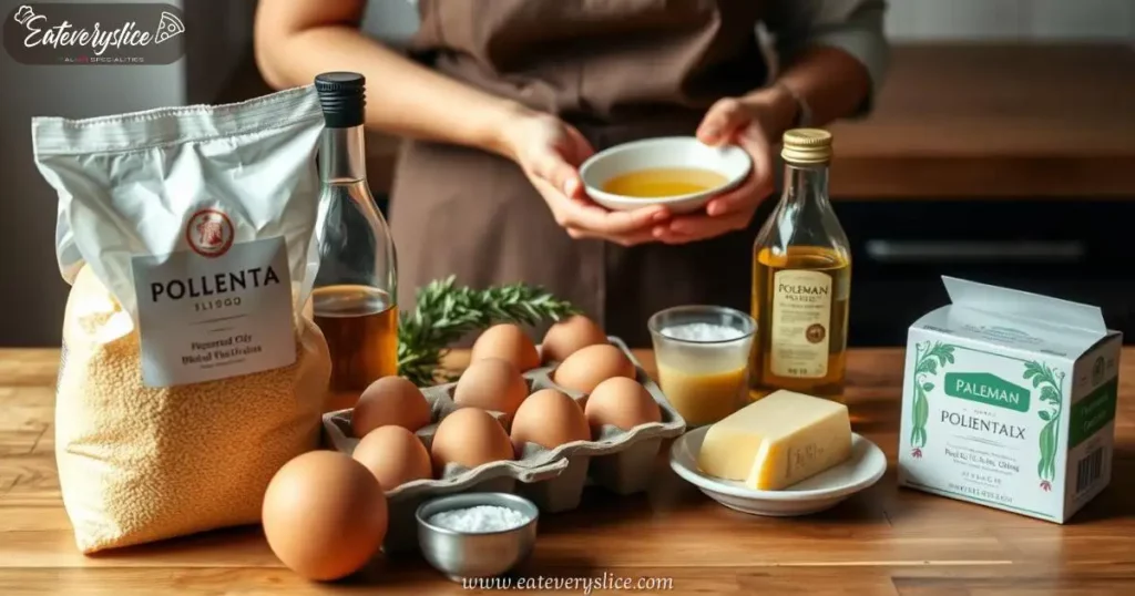 A selection of ingredients for making polenta fries, including polenta, eggs, olive oil, Parmesan cheese, rosemary, and salt, displayed on a wooden kitchen counter.