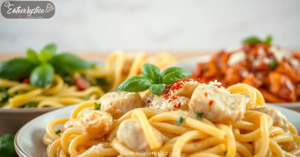 A beautiful display of flavorful pasta recipes with chicken, featuring creamy chicken Alfredo, basil pesto chicken penne, and spicy chicken arrabbiata with parmesan and red pepper flakes.