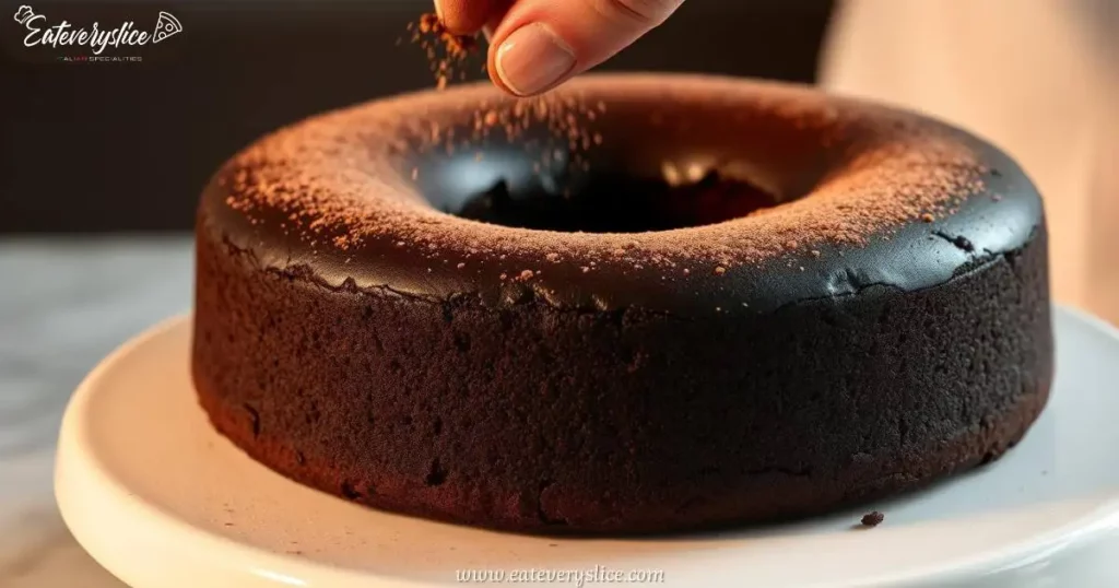 A close-up shot of a rich, fudgy Italian flourless chocolate cake (Torta Caprese) with a dark, glossy surface, sitting on a white ceramic platter, as a chef’s hand delicately dusts it with cocoa powder.