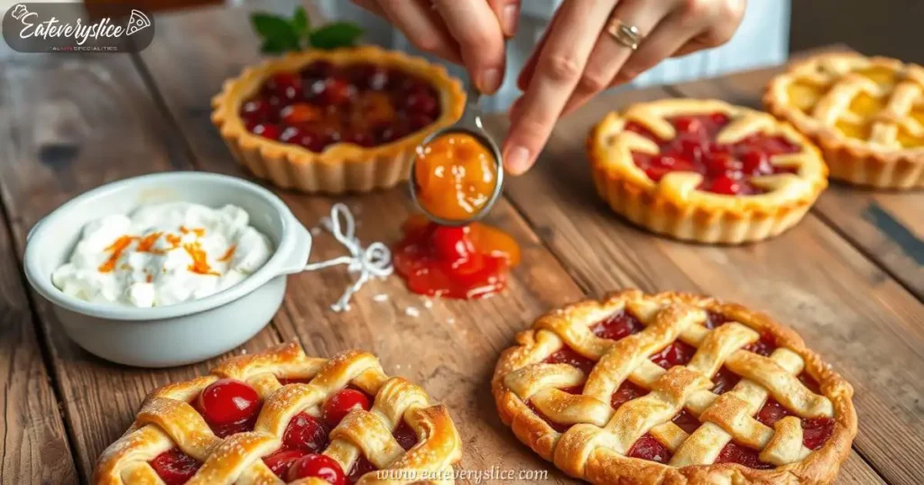 Mini Italian crostatas with fresh fruit fillings and lattice crusts, topped with apricot glaze