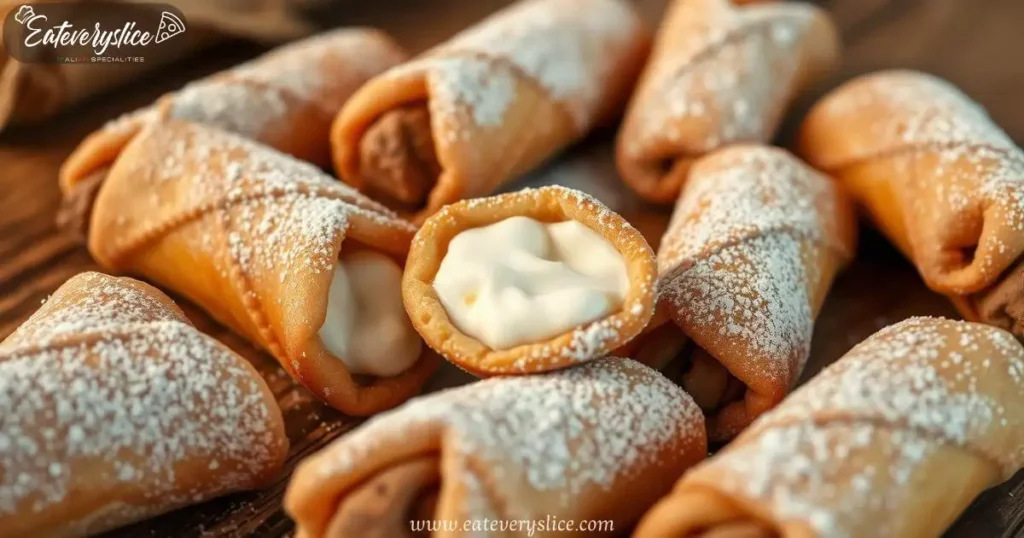 Assortment of freshly baked cannoli cookies with ricotta filling, vanilla, and lemon zest, dusted with powdered sugar.