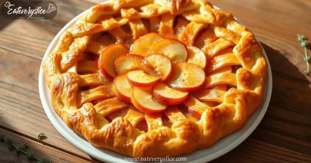 A freshly baked crostata with a golden, flaky crust, filled with sliced apples and homemade marmellata, topped with a delicate lattice, on a rustic wooden table.