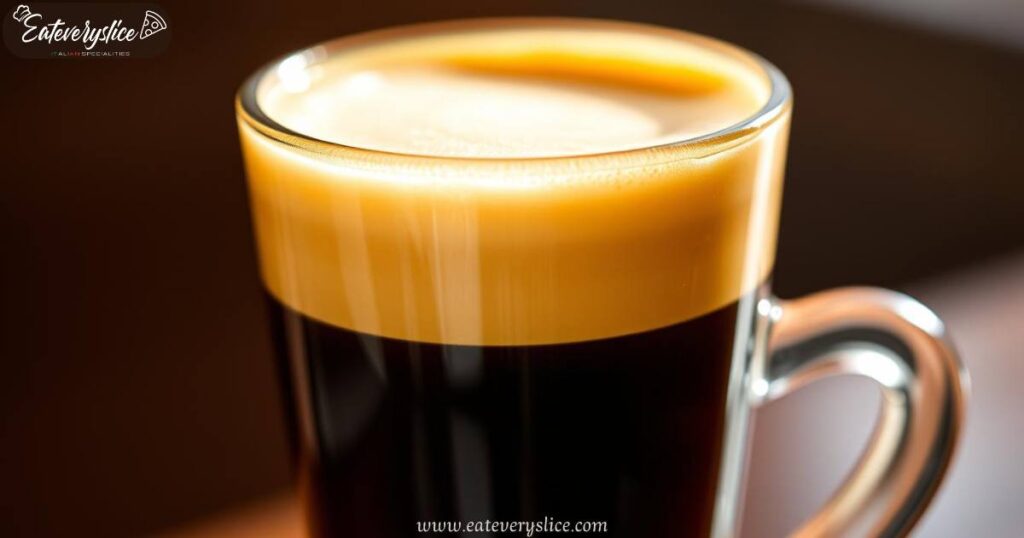 A close-up shot of a freshly pulled espresso macchiato, with rich, dark coffee topped by a golden crema, glistening under warm lighting in a glass or ceramic cup.