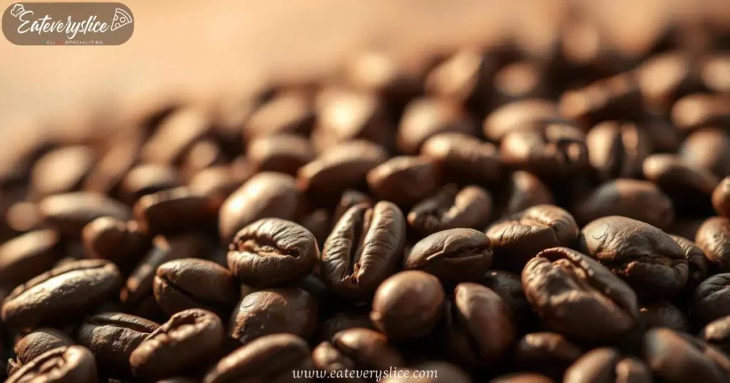 A close-up shot of freshly roasted coffee beans, showcasing their rich brown hues, oily sheen, and textured surfaces under warm, directional lighting.