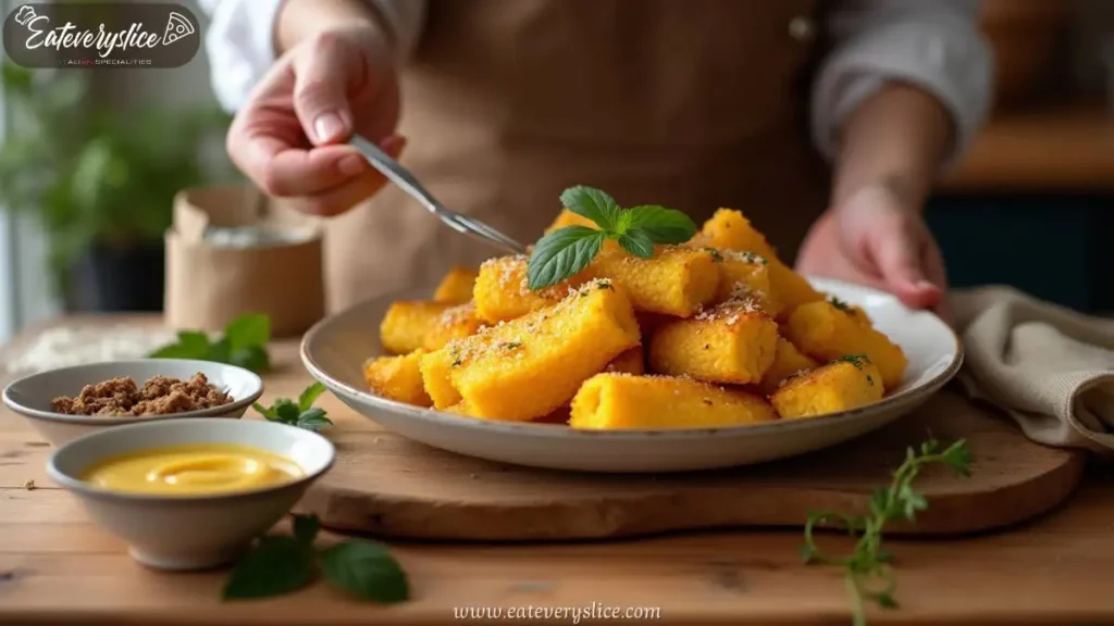 A plate of golden polenta fries garnished with fresh herbs and Parmesan, served with dipping sauce and seasoning on a wooden table.