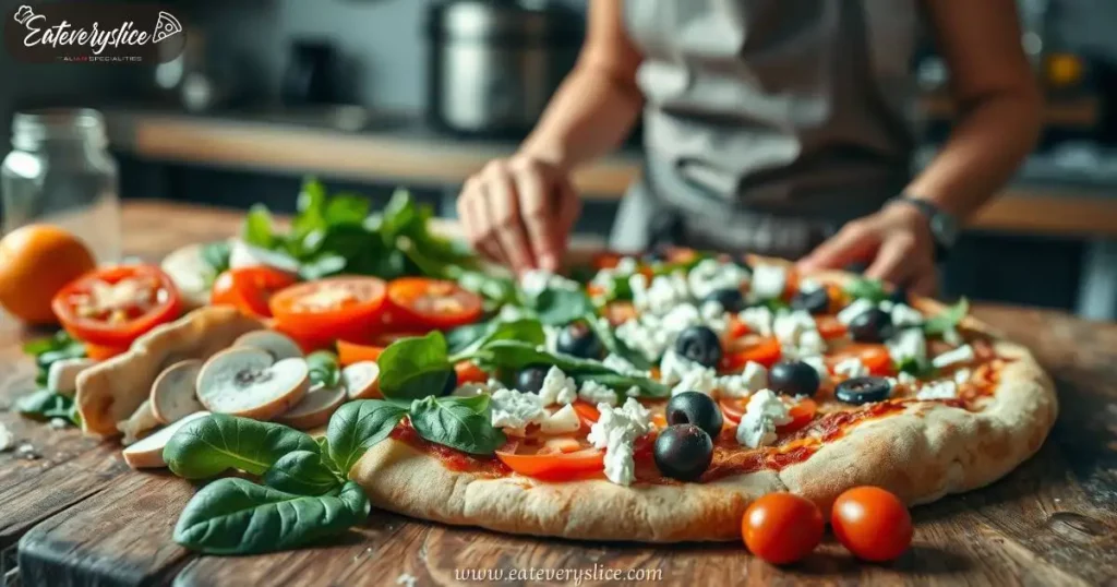 A high-resolution photograph of gourmet pizza toppings arranged on a rustic wooden table. A chef in an apron carefully places fresh ingredients—sliced tomatoes, mushrooms, spinach, olives, and crumbled feta—onto a pizza base, with a softly blurred professional kitchen in the background.