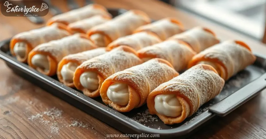 A tray of handcrafted cannoli cookies with cinnamon, ricotta filling, and powdered sugar, showcasing Sicilian craftsmanship.