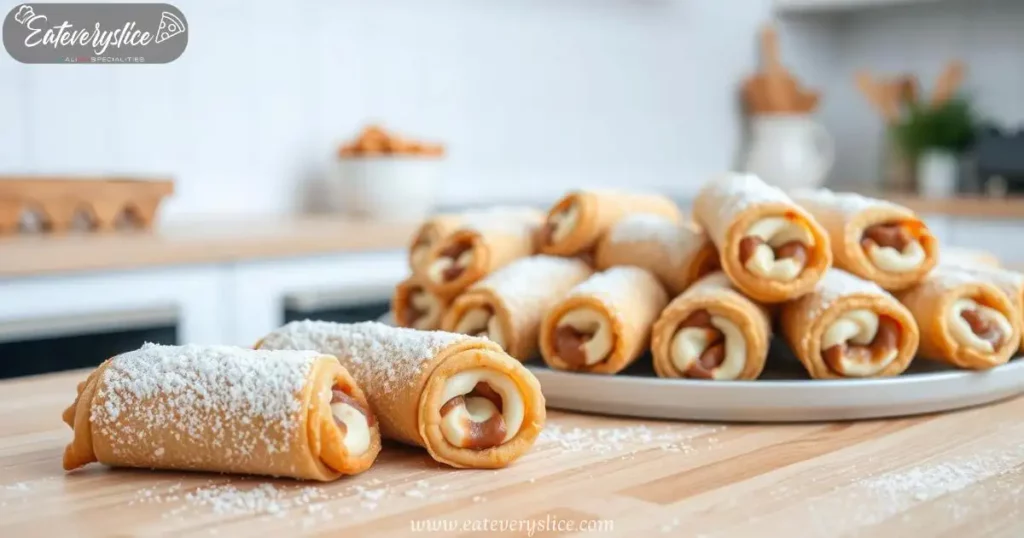 Assortment of freshly baked homemade cannoli cookies with flaky shells, creamy filling, and powdered sugar, on a wooden kitchen counter.