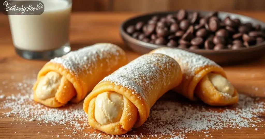 Close-up of freshly baked cannoli cookies on a rustic wooden table, dusted with powdered sugar, with a glass of milk and chocolate chips in the background.