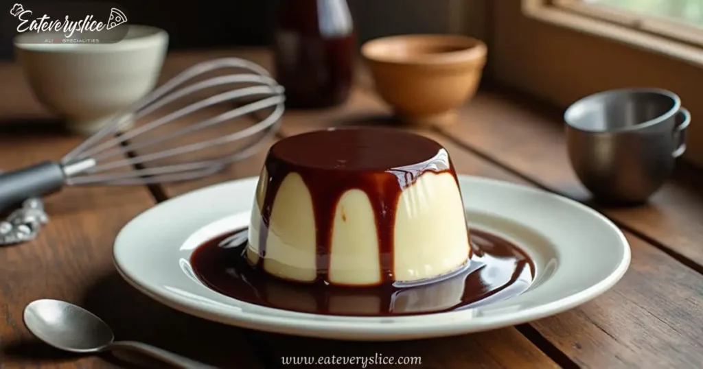 A silky homemade chocolate panna cotta drizzled with rich dark chocolate sauce, elegantly placed on a rustic wooden table with kitchen tools nearby.