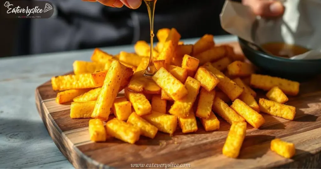 Freshly cut homemade golden polenta fries with a crispy exterior and soft interior, arranged on a rustic wooden board. A chef’s hands drizzle olive oil over the fries under warm, natural lighting.