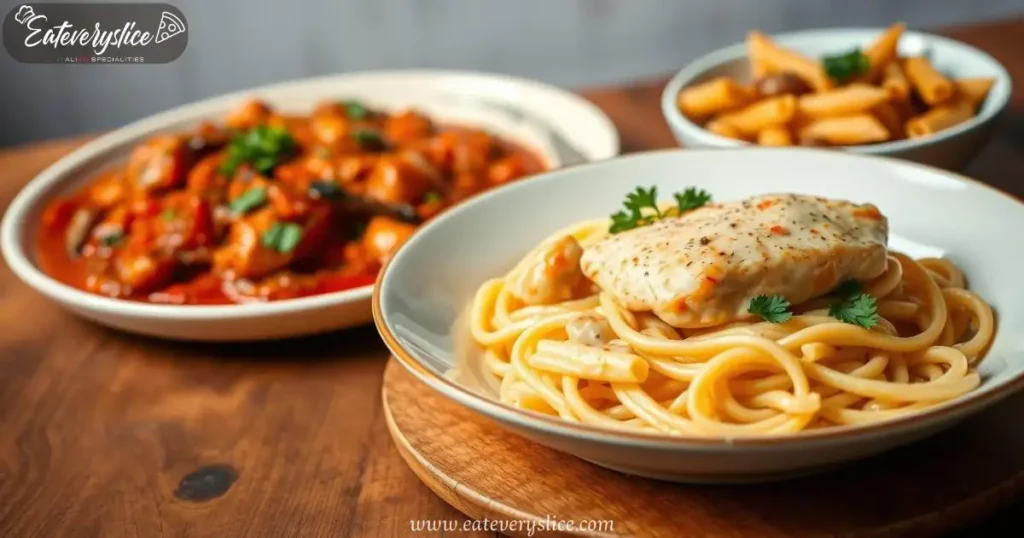 A mouthwatering selection of homemade pasta recipes with chicken, featuring creamy fettuccine Alfredo, spicy chicken arrabbiata, and classic chicken cacciatore with penne.