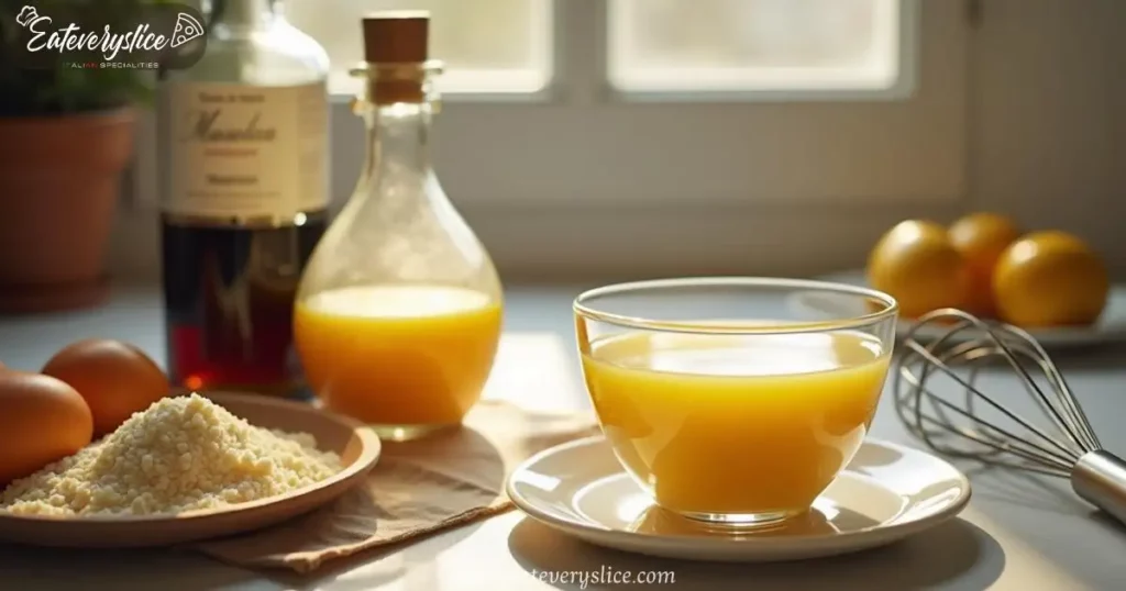 Key ingredients for a classic zabaglione, including egg yolks, sugar, and Marsala wine, in a cozy kitchen setting.